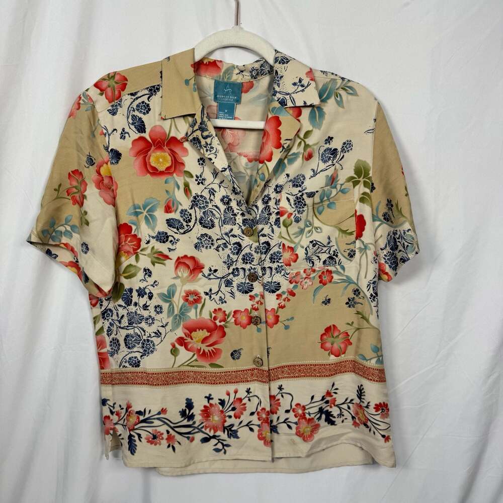 August Silk Lifestyle 100% Silk Floral Short Sleeve Button Down Shirt